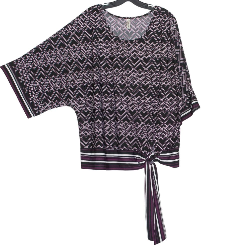 PerSeption Top Boho Tie Front Comfort Travel Resort Stretch Black Purple Size 2X